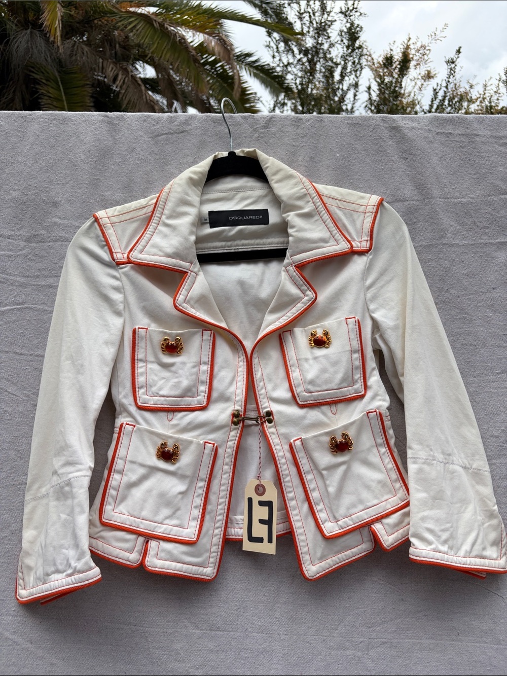 DSQUARED2 White Blazer with Orange Trim and Gold Buttons
